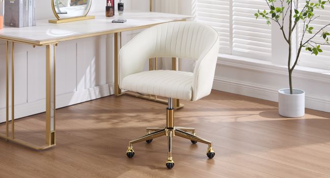 Series of interior photos showing modern home office or workspace settings with white furniture and natural lighting.