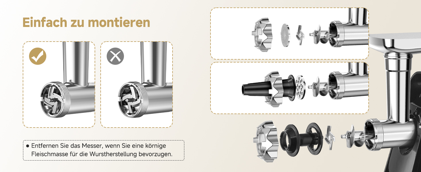 Der Text lautet „Einfach zu montieren“. Abgebildet sind Produktkomponenten und Montageteile, darunter Federn, Schrauben, Halterungen, Metallbeschläge und Beschläge für die mechanische Montage oder Installation.