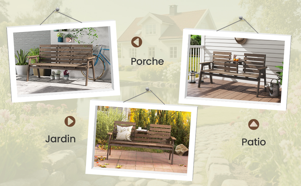 Le texte indique « Porche », « Jardin », « Patio ». Collection de photographies de mobilier d'extérieur montrant diverses installations de bancs dans différents environnements.