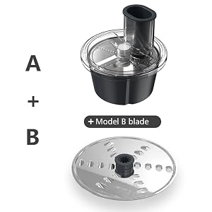 Incluye un recipiente de plástico negro con tubo de alimentación y un disco de corte de acero inoxidable separado, etiquetado como cuchilla Modelo B.