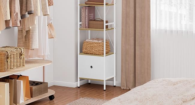White metal ladder shelf unit with five tiers and bottom drawer, displaying storage boxes and baskets in a bedroom setting.