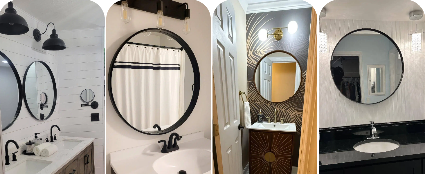 Collection of bathroom mirror images showing various round and rectangular mirror designs mounted on walls, some with LED lighting features.