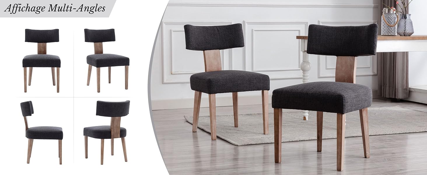 Chaises de salle à manger modernes avec revêtement gris foncé, pieds en bois et dossiers en forme de T. Plusieurs vues montrent les perspectives avant, latérales et inclinées des chaises dans une salle à manger.