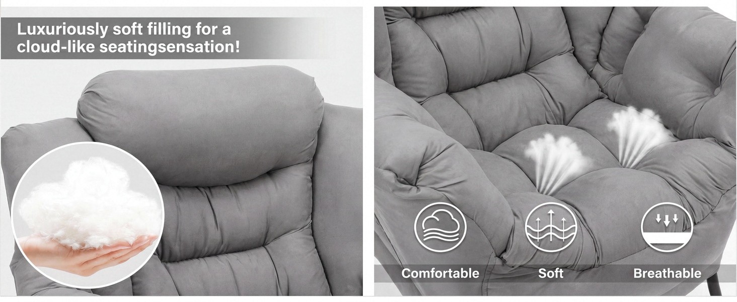Text reads 'Luxuriously soft lining for a cloud-like comfort' with icons labeled 'Comfortable', 'Soft', 'Breathable'. Gray quilted cushion or pad shown from multiple angles displaying soft textured surface with white hand demonstrating material softness.