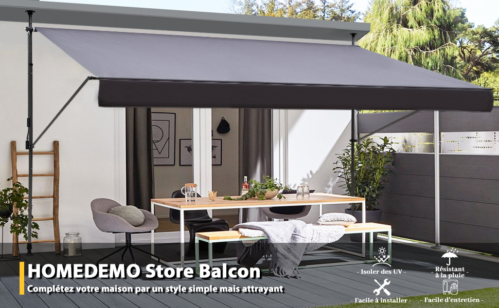 L'auvent extérieur rétractable illustré s'étend sur l'espace du patio avec un mobilier moderne. Plusieurs vues illustrant les caractéristiques d'installation et de fonctionnement.