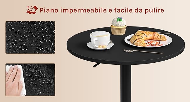 Superficie rotonda nera del tavolo che dimostra proprietà di resistenza all'acqua, con primi piani di tazze da caffè, pasticcini e gocce d'acqua