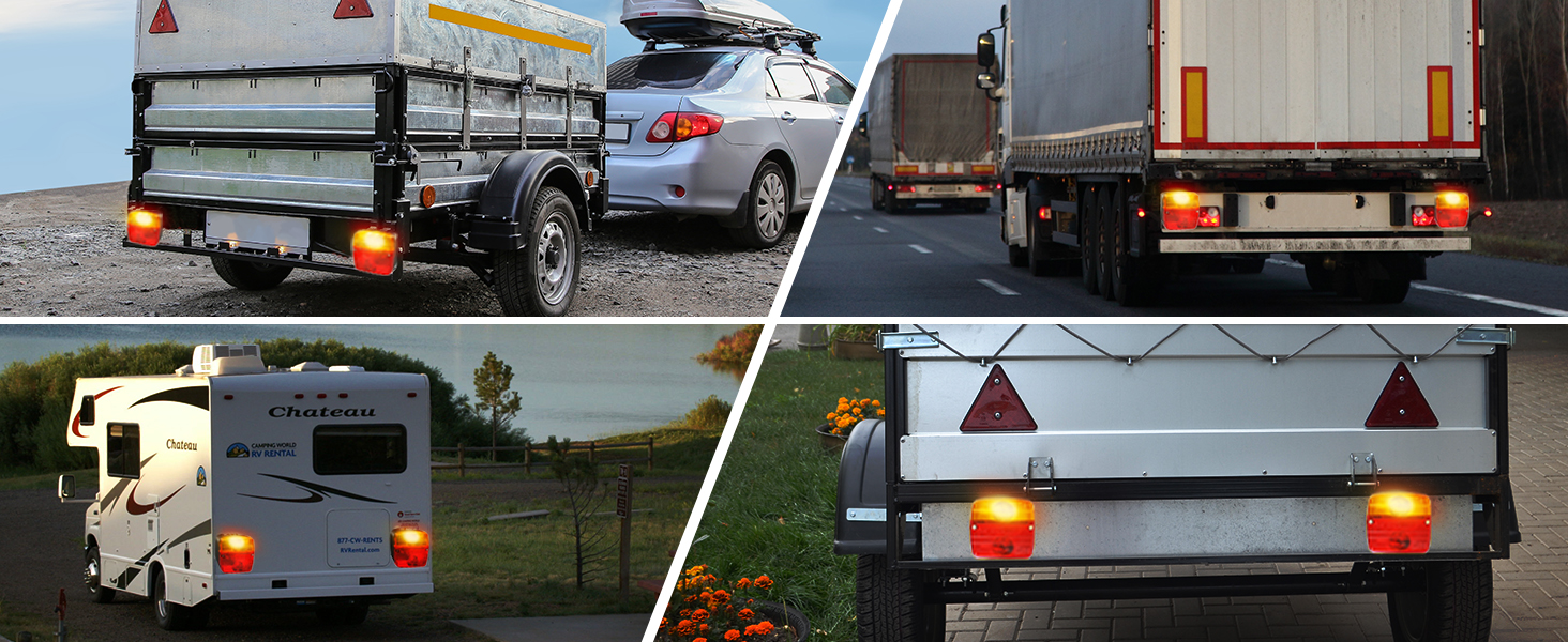 Four-panel collage showing trailer safety features including reflectors and tail lights, displayed from different angles in daylight and nighttime conditions.