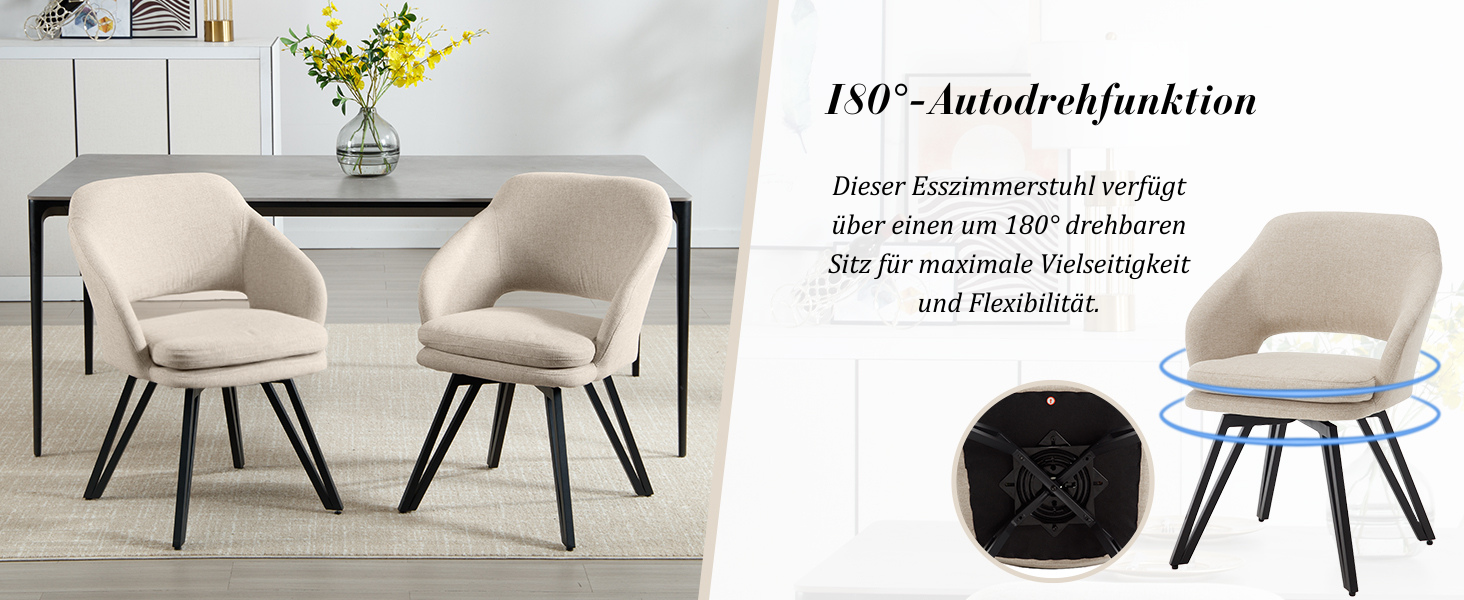 Der Text lautet '180°-Autodrehfunktion'. Moderne Esszimmerstühle mit automatischer Drehfunktion, dargestellt mit einem Diagramm, das die Drehbarkeit um 180 Grad anzeigt.
