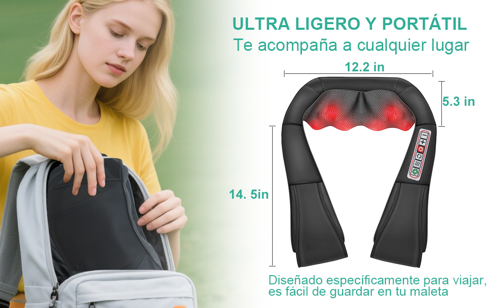 Le texte indique « ULTRA LIGERO Y PORTÁTIL », « Te acompaña a cualquier lugar », « 12,5 pouces », « 14,5 pouces », « 6,3 pouces », « Diseñado específicamente para viajar, es fácil de guardar en tu maleta ». Schéma montrant les dimensions de l'appareil de massage portable.