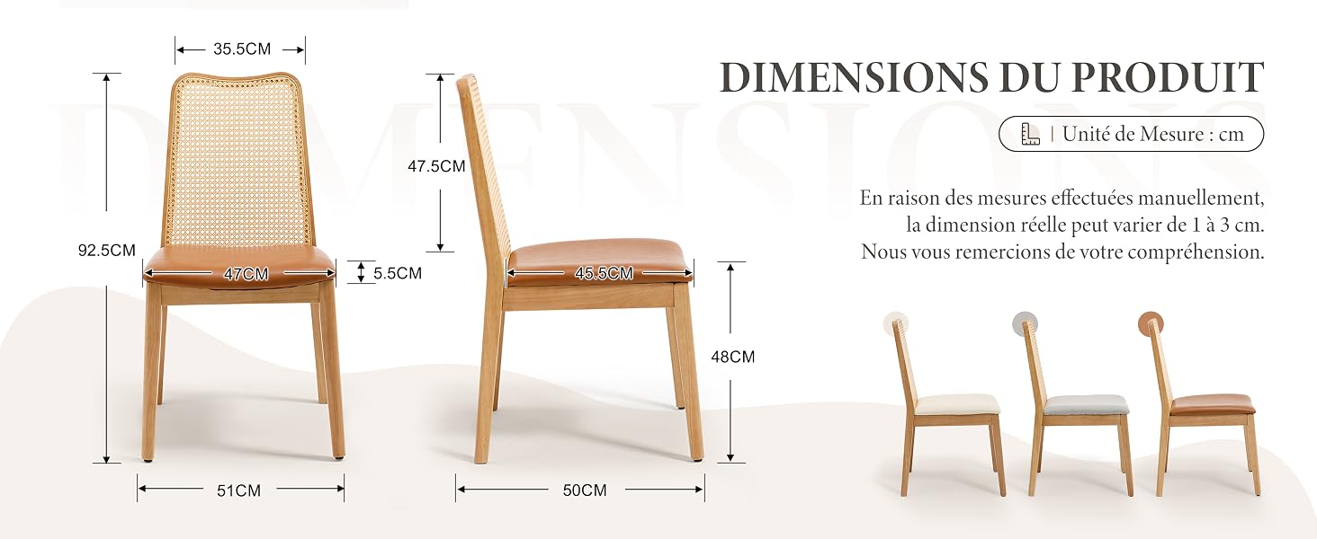 Le texte indique « DIMENSIONS DU PRODUIT » avec une chaise en bois montrée sous plusieurs angles affichant les mesures et les détails de la structure du meuble.