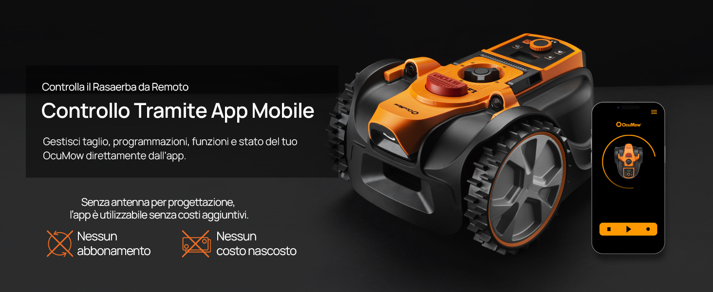 Il testo dice «Controls Tramlib App Mobile». L'immagine del prodotto mostra un dispositivo robotico arancione e nero con ruote grandi e specifiche tecniche indicate da icone.
