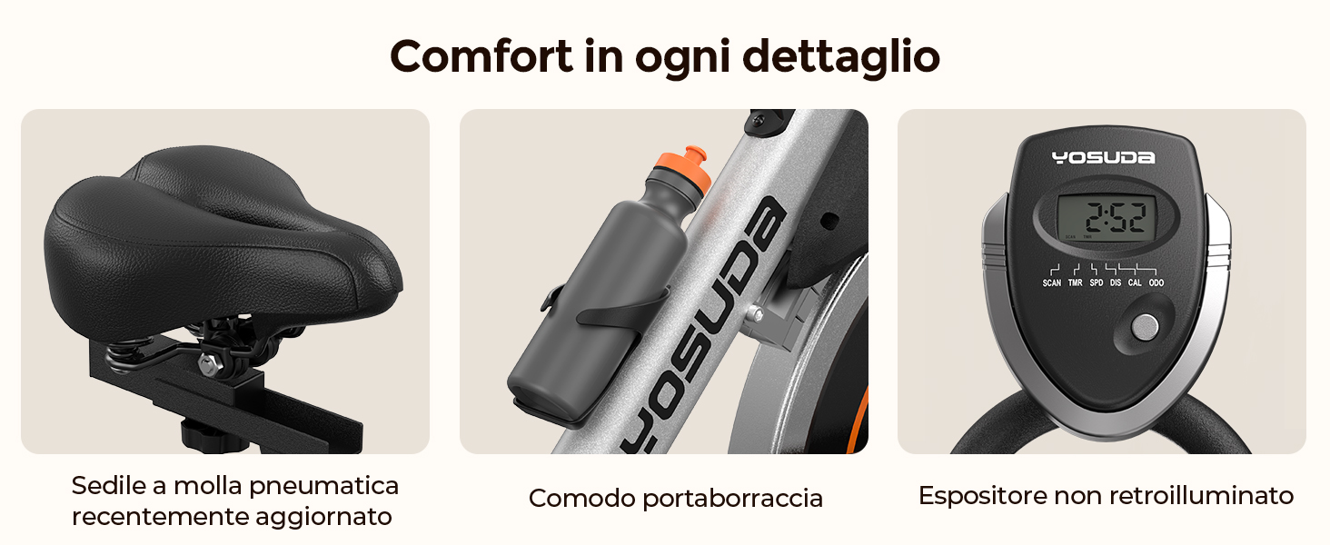 Il testo recita «Comfort in ogni dettaglio». Diverse immagini del prodotto che mostrano i componenti e gli accessori dei sedili per biciclette in un layout orizzontale con dettagli tecnici.