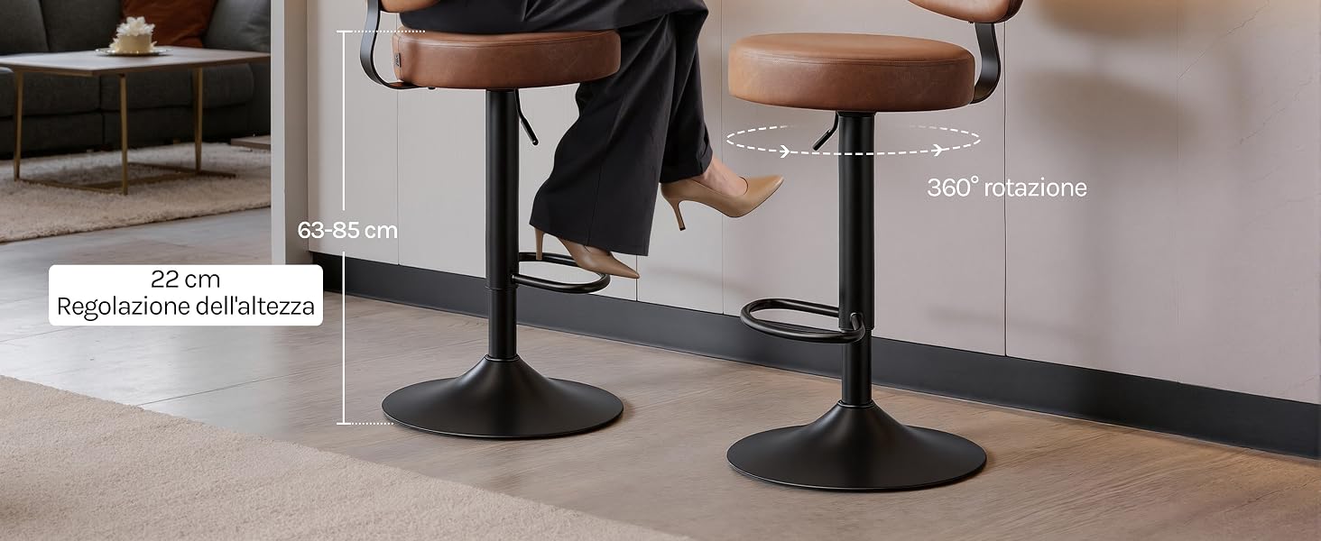 Primo piano di sgabelli da bar neri con sedili rotondi posizionati sotto il bordo del bancone della cucina, con testo parzialmente visibile in basso a sinistra.