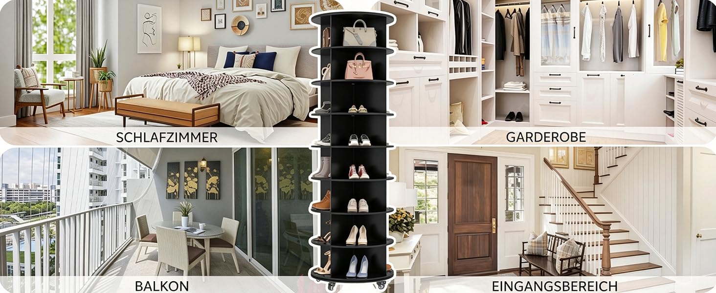 Der Text lautet „SCHLAFZIMMER“, „BALKON“, „DACHGESCHOSS“, „GARDEROBE“, „EINGANGSBEREICH“. Collage, die Einrichtungslösungen für den Innenbereich zeigt, darunter Lagerregale für Schlafzimmer, Schranksysteme und Organisation im Eingangsbereich.
