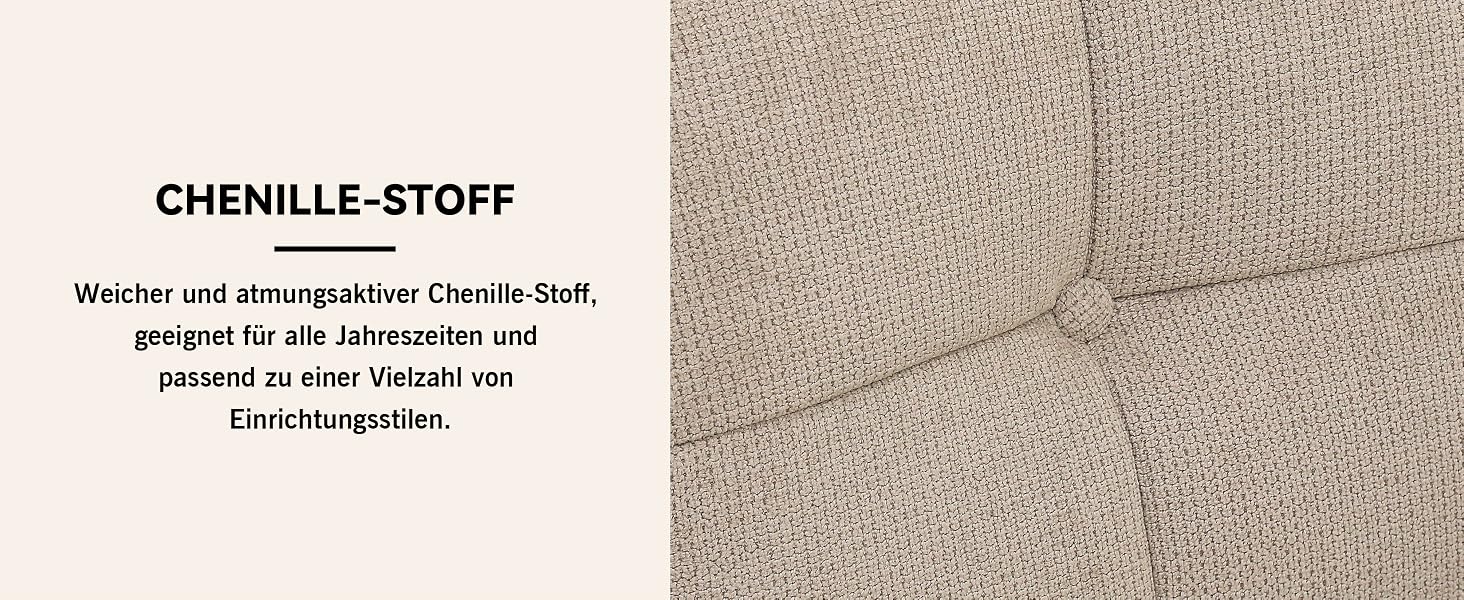 Der Text lautet „CHENILLE-STOFF“, gefolgt von einem deutschen Text über Stoffeigenschaften. Zeigt Textilmaterial in Nahaufnahme mit weichem, strukturiertem Oberflächenmuster.