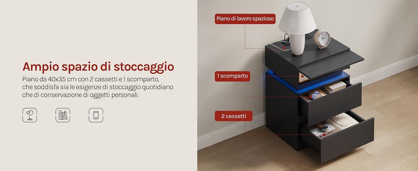 Il testo recita 'Ampio spazio di stoccaggio'. Viste aggiuntive dello stesso contenitore a parete con cassetti e specifiche mostrate in italiano.