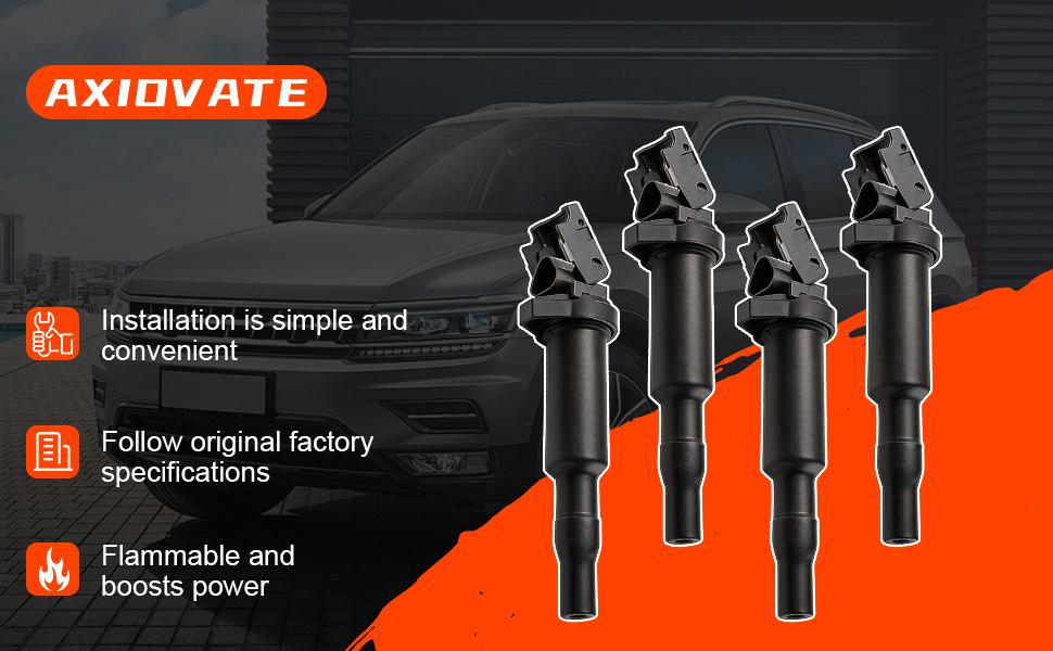 Text reads 'AXIPARTS'. Multiple black automotive ignition coils arranged in a row against orange and black gradient background showing product detail.