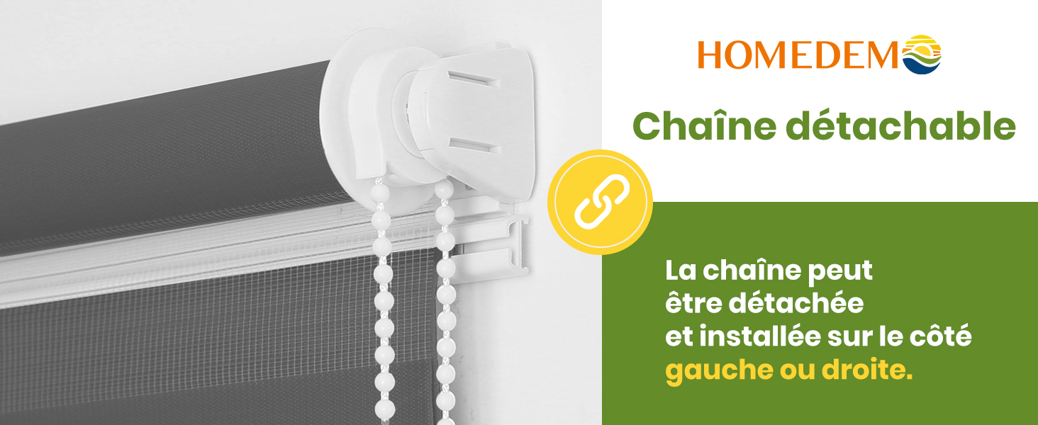 . Le texte en français décrit la fonction de chaîne amovible pour une installation à gauche ou à droite.