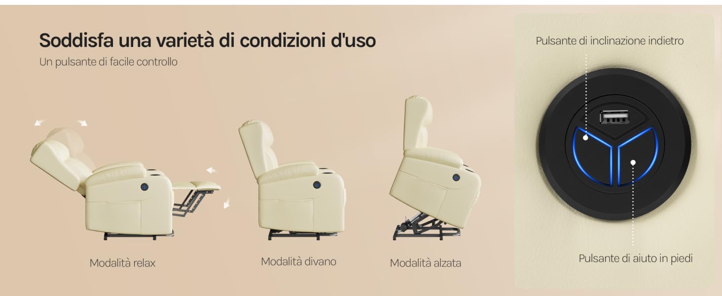Diagramma delle istruzioni del prodotto che mostra tre posizioni reclinabili di una sedia, insieme a un'interfaccia di controllo circolare con elementi illuminati in blu