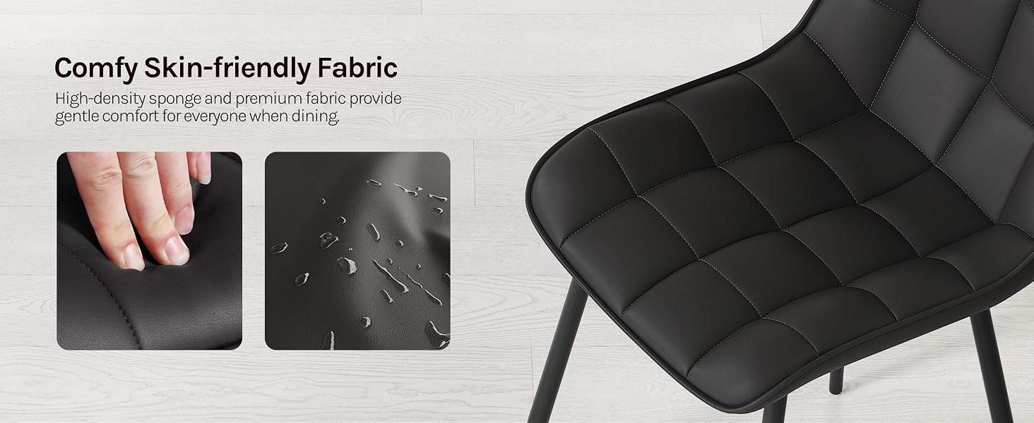 Text reads: 'Comfy skin-friendly fabric'. Multiple views of a black collapsible storage ottoman or footrest shown open and closed, demonstrating its functionality.
