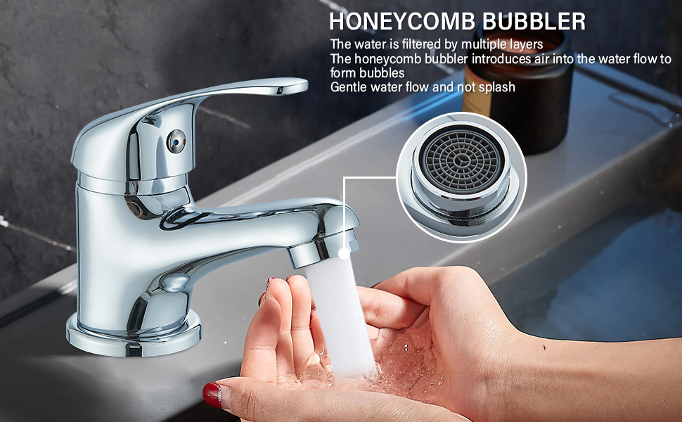 Faucet aerator demonstration. Hand under running water, close-up of aerator. Text describes 'Honeycomb Bubbler' function.
