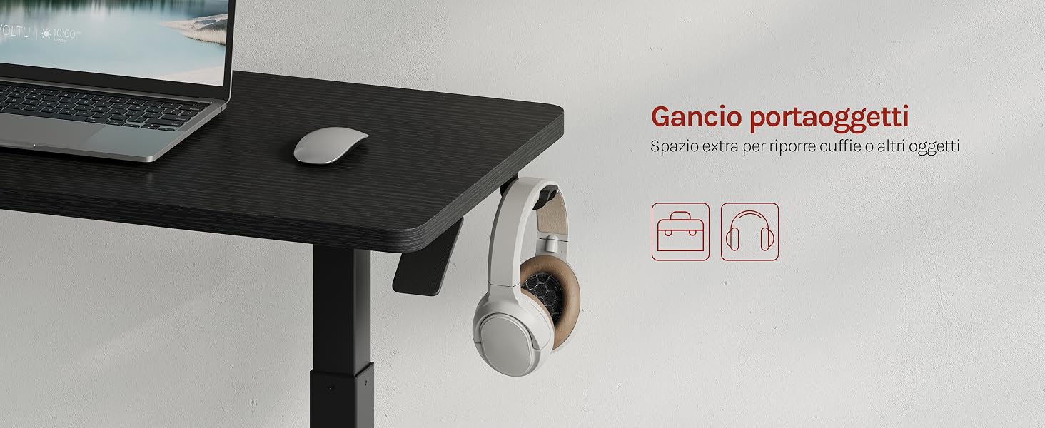 Il testo recita «Giancio portangietti!» con icone che mostrano il portabicchieri e il contenitore. Superficie nera della scrivania o del tavolo con hardware di montaggio bianco visibile.