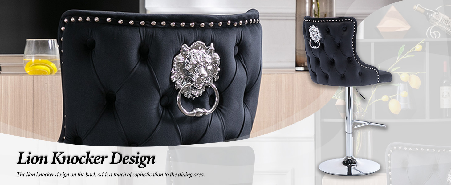 Black upholstered bar stool with tufted backrest, silver studs, and decorative lion's head knocker. Adjustable height with chrome base and footrest.