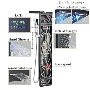 Shower Panel Tower System Black 304 Stainless Steel 5 Function
