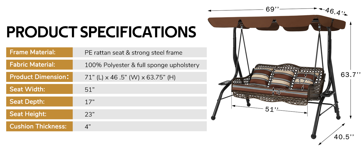 Text reads 'PRODUCT SPECIFICATIONS'. Detailed product diagram showing brown patio swing measurements including width 68", height 51", and cushion thickness 4".