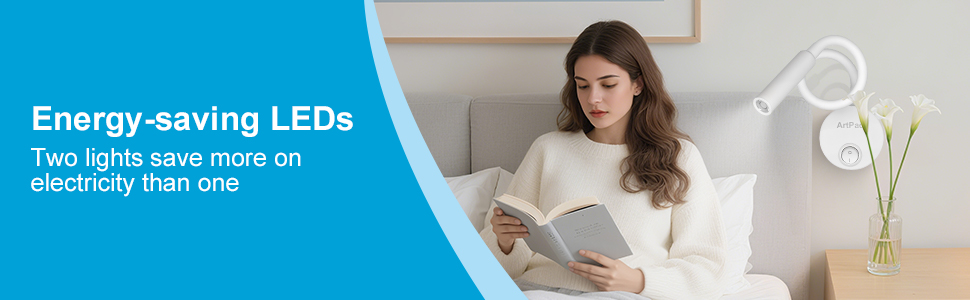 Text reads: 'Energy-saving LEDs' and 'Two lights save more on electricity than one'. Person sitting in bed reading with a desk lamp nearby.