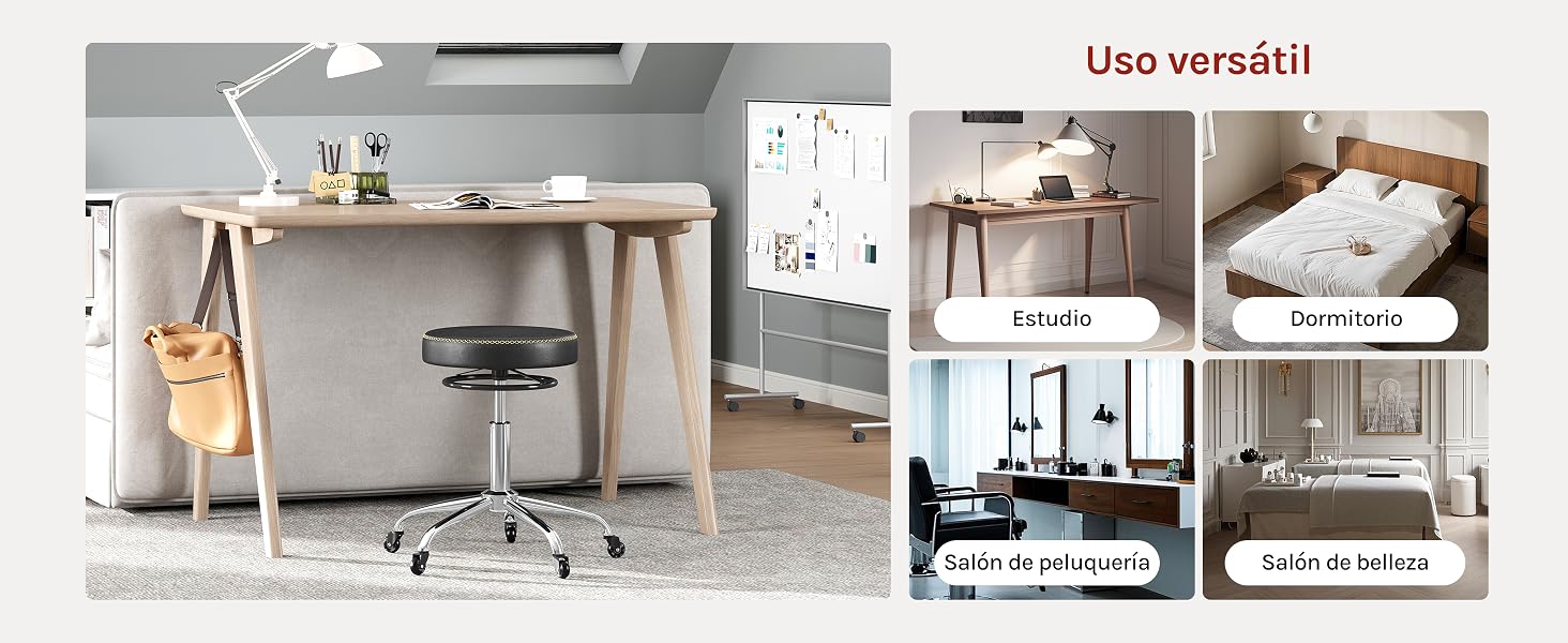 de madera con patas de caballete, que se muestra en varios ambientes de habitación. Las imágenes muestran usos versátiles, como el espacio de trabajo, el tocador y el doblado como cabecero de una