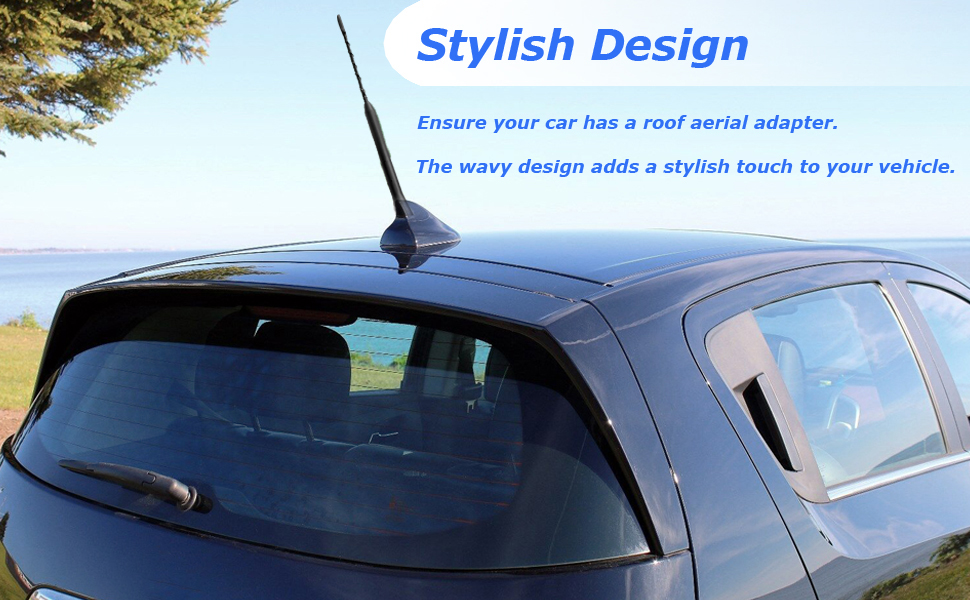 Black car roof antenna with sleek, wavy design mounted on a dark blue vehicle. Text emphasizes stylish design and compatibility with roof aerial adapters.