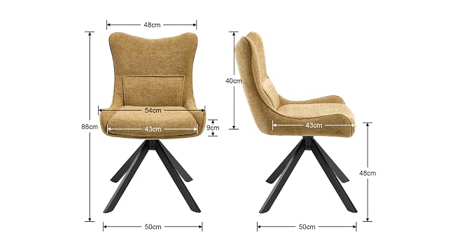 Technical diagram showing front and side view measurements of an upholstered chair with swivel base, including detailed dimensions in centimeters.