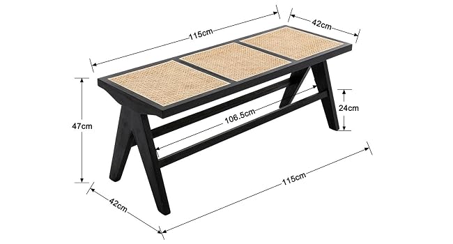 Wooden bench with rattan seating panels. Black frame, A-shaped legs. Dimensions shown: 115cm length, 40cm width, 47cm height. Three equal rattan sections on top.