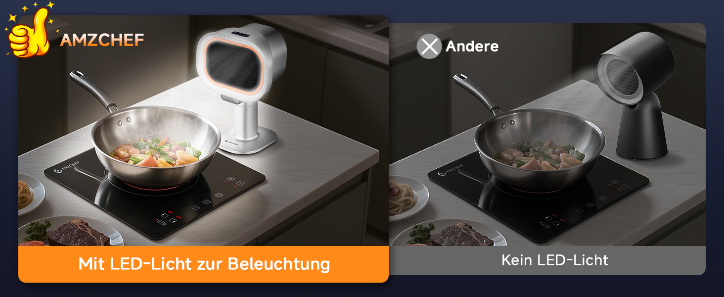 Der Text lautet „MAPCHEF“ und „Mit LED-Licht zur Beleuchtung“. Geteiltes Bild, das das Kochen in Pfannen mit und ohne LED-Beleuchtung auf dem Herd vergleicht.
