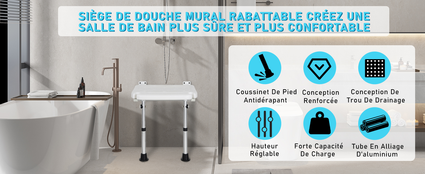 El texto dice: « ASIENTO DE DUCHA PLEGABLE DE PARED CREA UN BAÑO ULTRA SEGURO 