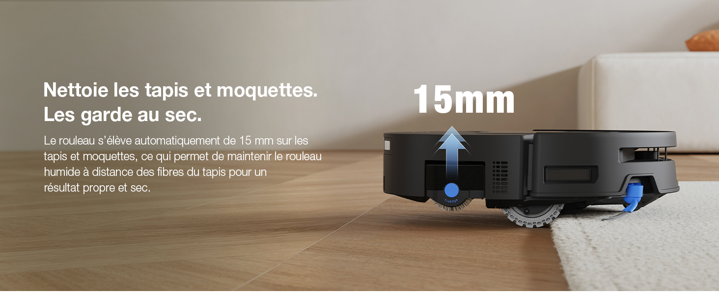 Le texte indique « Métisise les types et mouquettes » et « 15 mm ». Gros plan d'un appareil bleu compact avec indication de mesure affichée horizontalement sur la surface.