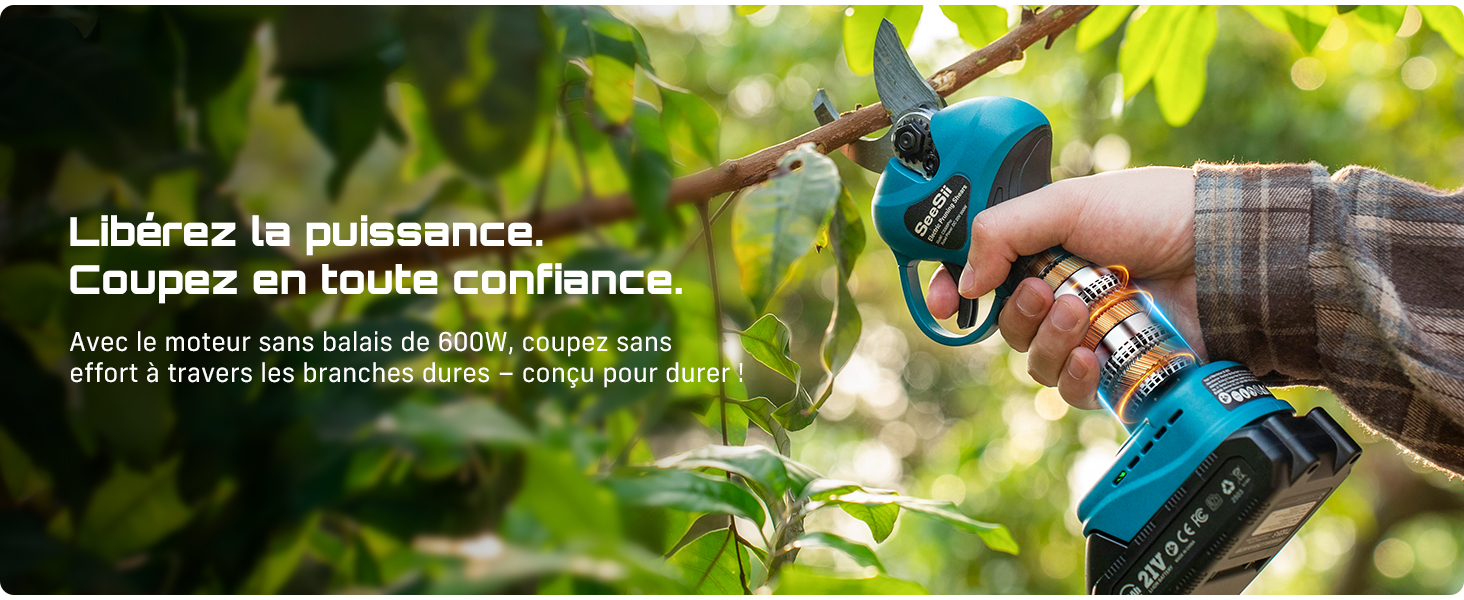 Le texte se lit comme suit : « Libérez la puissance. Courrez en toute confiance. » Gros plan d'un pulvérisateur de jardin bleu ou d'un outil d'arrosage sur fond de feuillage vert.