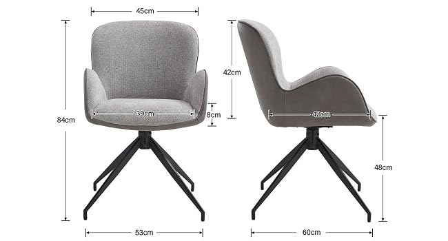 Technical diagram showing front and side views of modern office chair with measurements. Gray upholstered swivel chair with curved back and metal base.