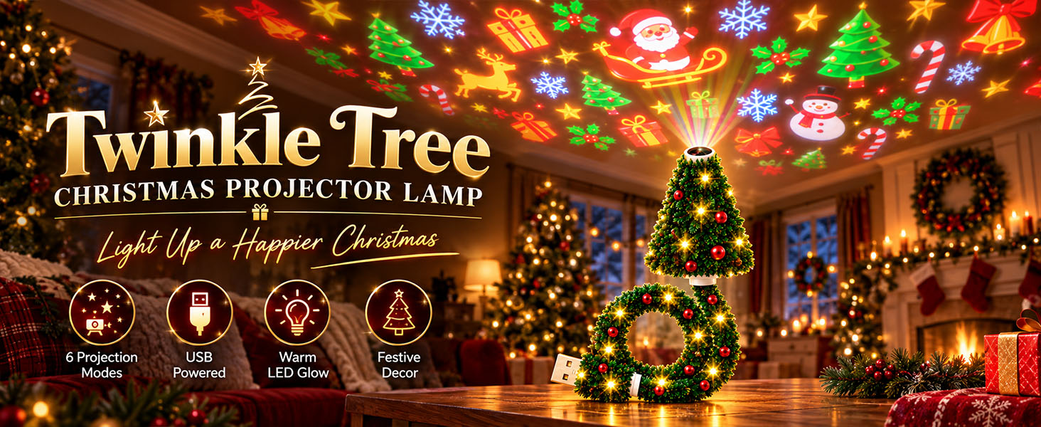 El texto dice «LÁMPARA PROYECTORA NAVIDEÑA Twinkle Tree». Árbol de Navidad iluminado con coloridas luces que se proyectan en el interior con guirnaldas decorativas.
