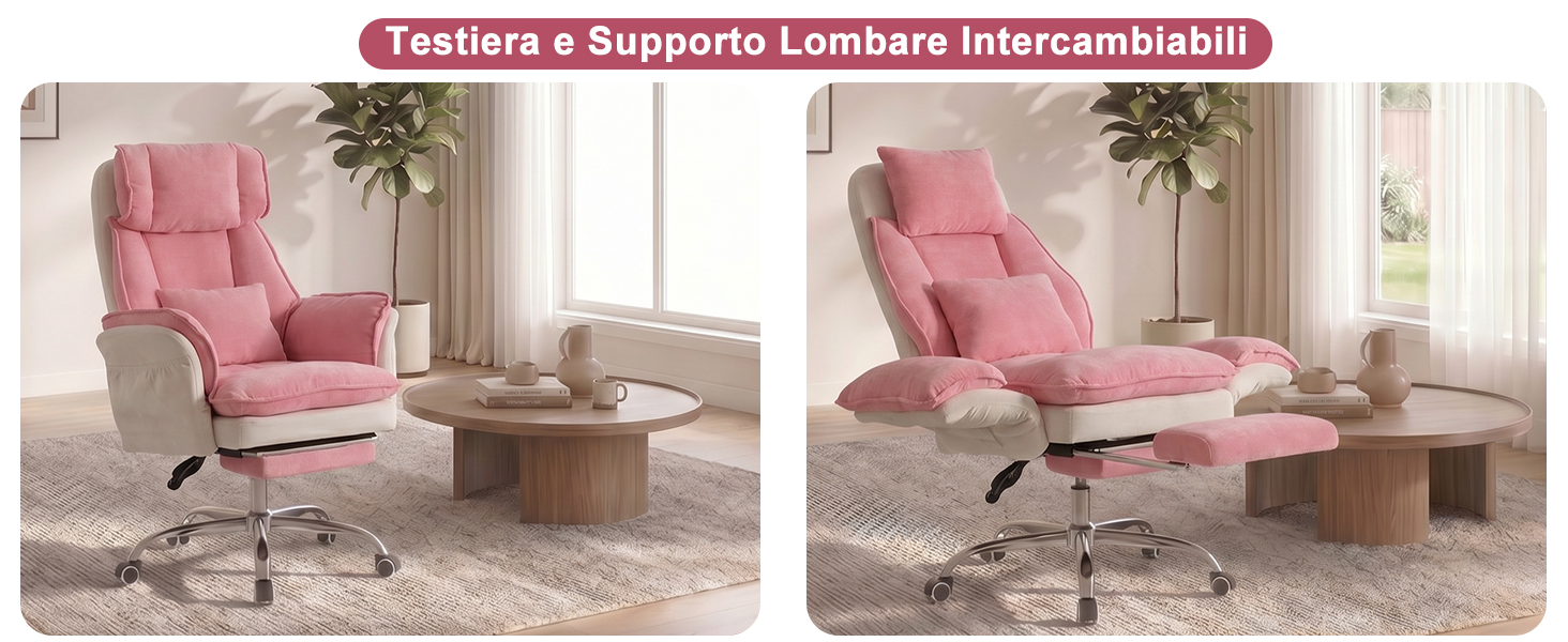 Il testo recita «Texture e Supporto Lombare Intercambiabile». Poltrona rosa con schienale alto e pouf disponibile in due posizioni: seduta eretta e seduta reclinata, dotata di supporto lombare regolabile.