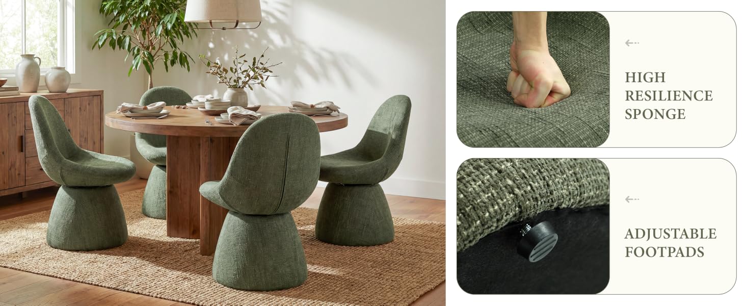 Text reads 'HIGH RESILIENCE', 'SPRING!', 'ADJUSTABLE FOOTRESTS'. Multiple views of dark green modular seating furniture in living room setting showing various configurations.