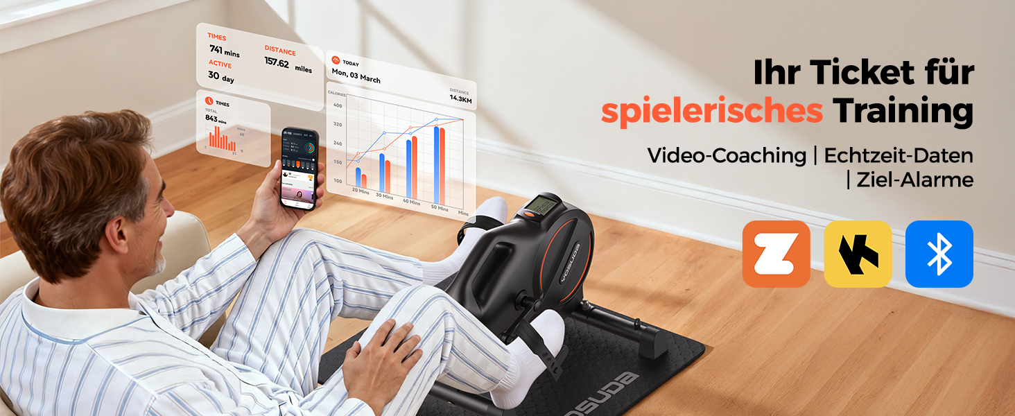 Der Text lautet „Ihr Ticket für spielerisches Training“ mit Symbolen, die Bluetooth- und andere Verbindungsoptionen anzeigen. Zeigt Bildungs- oder Trainingseinrichtungen mit digitalen Geräten an.