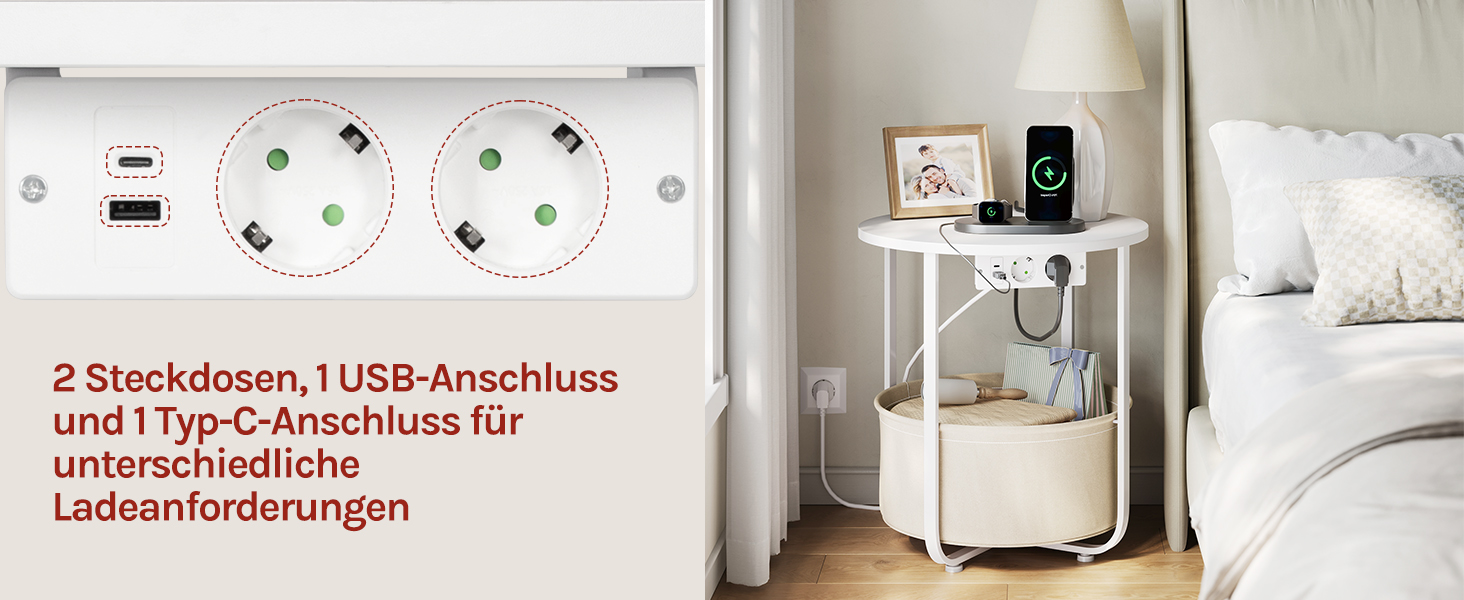 Der Text lautet: „2 Steckdosen, 1 USB-Anschluss und 1 Type-C-Anschluss für intelligente Ladenanforderungen.“ Steckdosenleiste mit Steckdosen und USB-Anschlüssen, abgebildet mit einer Nachttischablage mit Gegenständen und weißen Kissen.