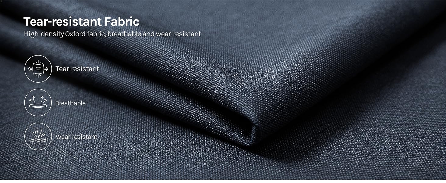 Text reads "Tear-resistant Fabric". Dark navy blue textile with product specification icons displayed below showing material properties and durability features.