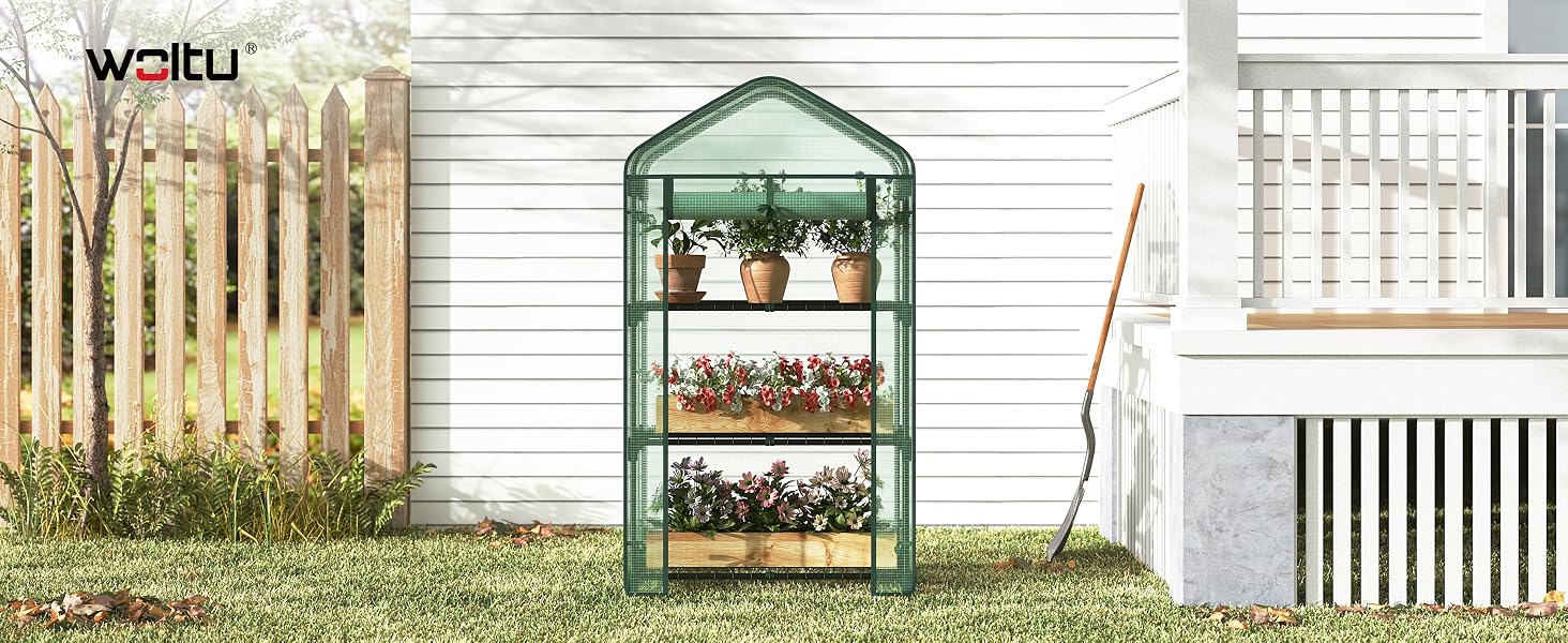 Sequential illustration showing installation stages of a garden greenhouse or plant covering structure against a white fence background with flowering plants.