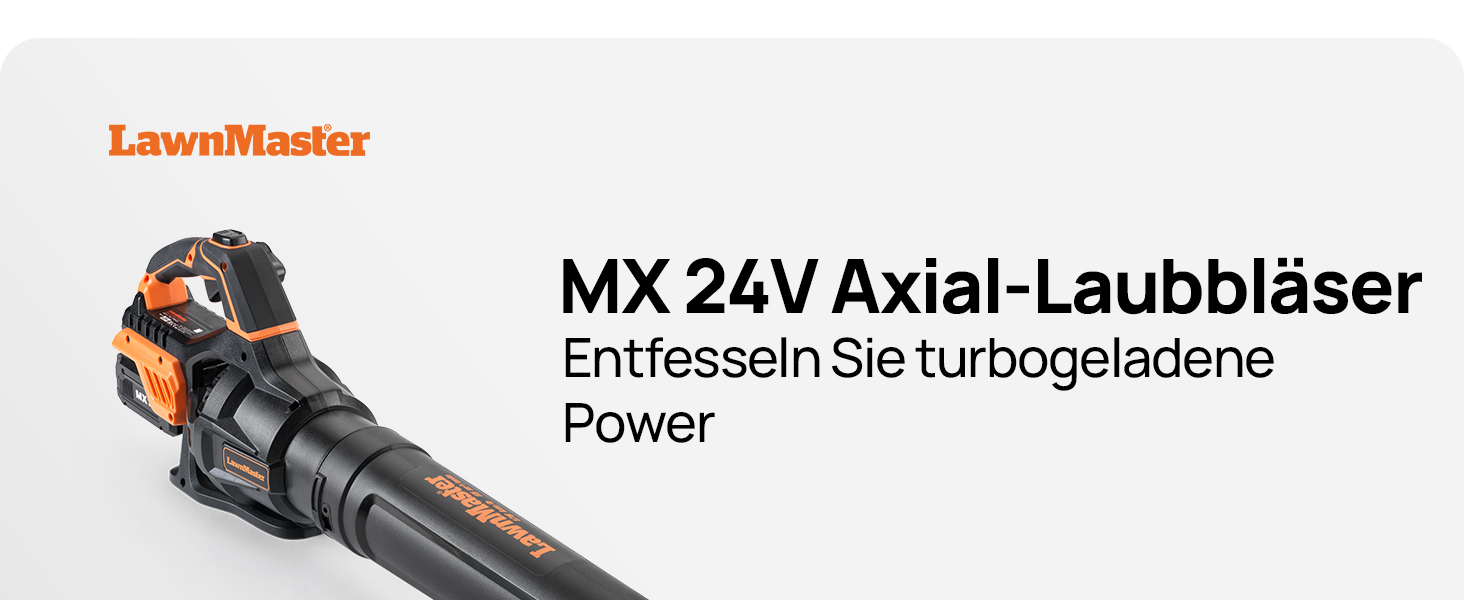 Der Text lautet 'MX 24V Axial-Laubbläser', 'Power'. Produktbild eines Elektrohandwerkzeugs mit schwarzer und oranger Farbgebung.