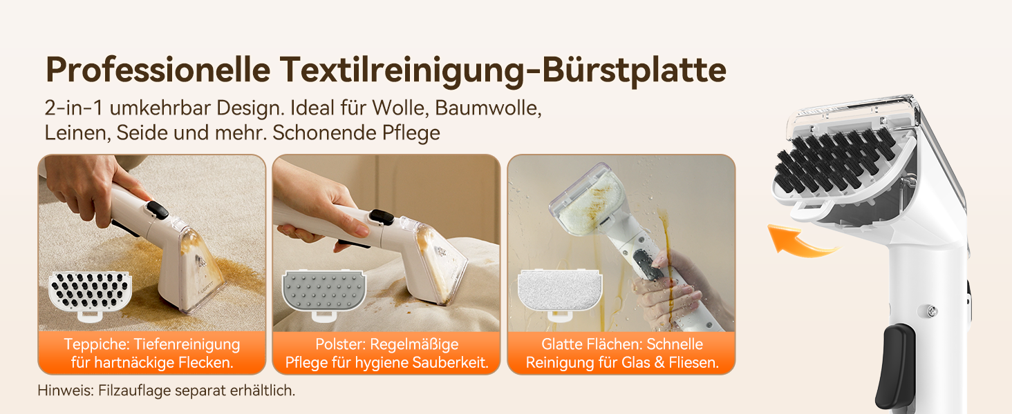 Der Text lautet „Professionelle Textilueinigung-Bürplatte“ mit beschreibendem deutschen Text zum Thema Reinigung. Die Abbildung zeigt drei Bedienfelder zur Reinigungstechnik mit verschiedenen Pinselapplikationen. Weißes Handbürstengerät mit Borsten auf der rechten Seite.