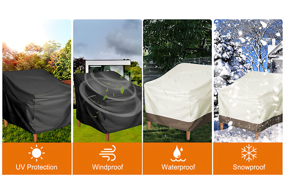 Vierteiliges Bild, das die Abdeckung von Gartenmöbeln bei unterschiedlichen Wetterbedingungen zeigt. Zeigt UV-Schutz sowie wind-, wasser- und schneesichere Eigenschaften. Das Cover ist in den verschiedenen Jahreszeiten auf den Gartenmöbeln abgebildet