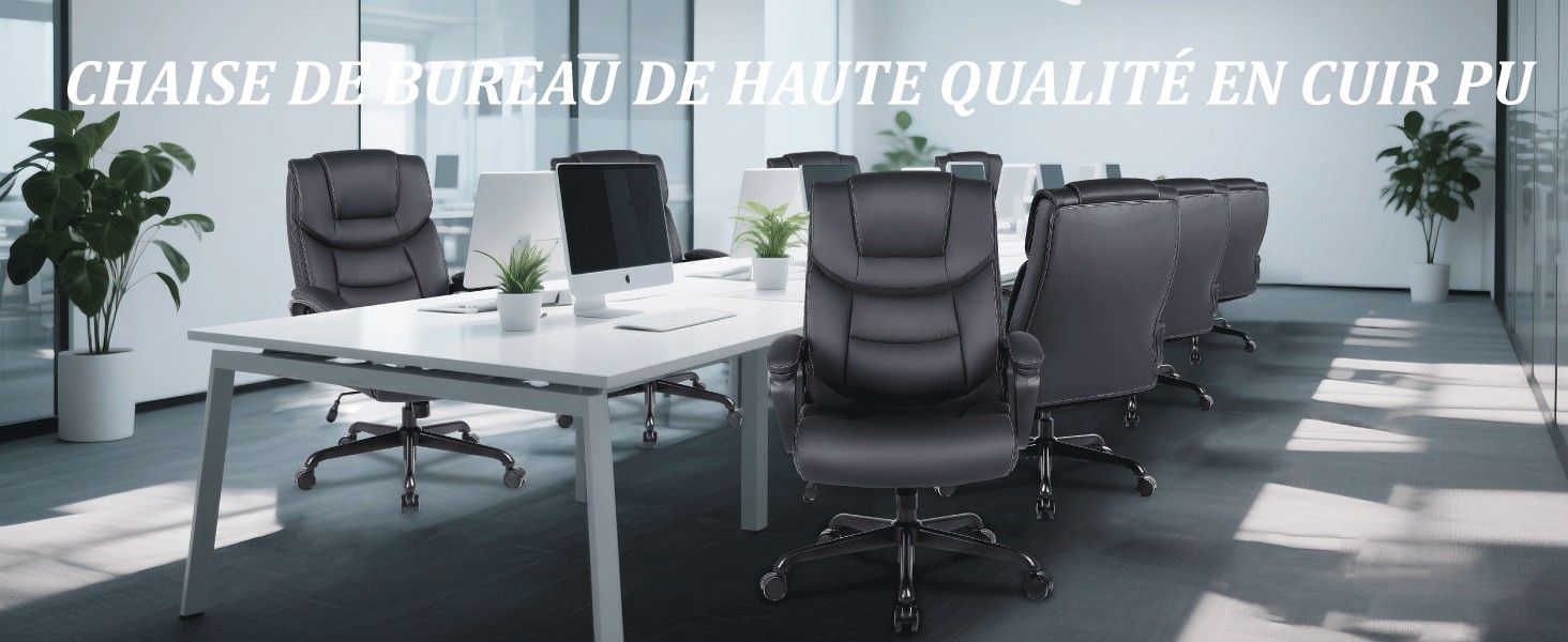 Le texte se lit comme suit : « CHAISE DE BUREAU À VIS RÉGLABLE EN CUIR PU ». Salle de conférence de bureau moderne avec table en verre et plusieurs fauteuils exécutifs noirs.